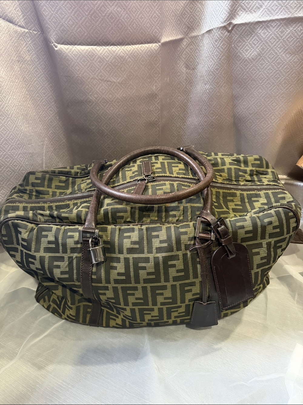 Fendi Olive Green Monogram Canvas Duffel with Brown Leather Trim